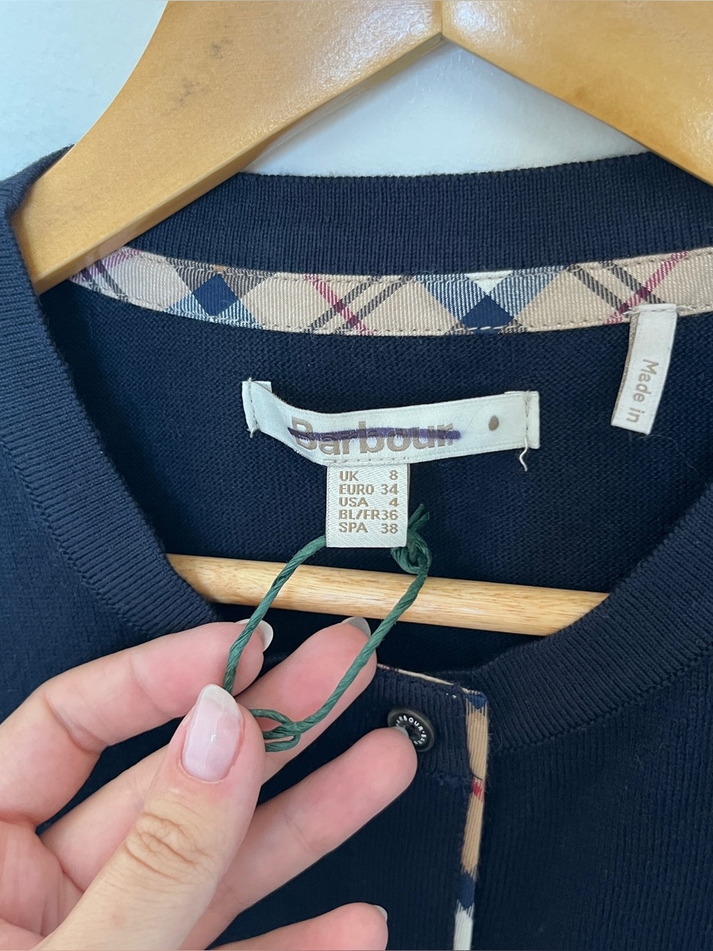 BARBOUR Elbow Patch Plaid Navy Cardigan Size US 4 NWOT - Picture 5 of 7